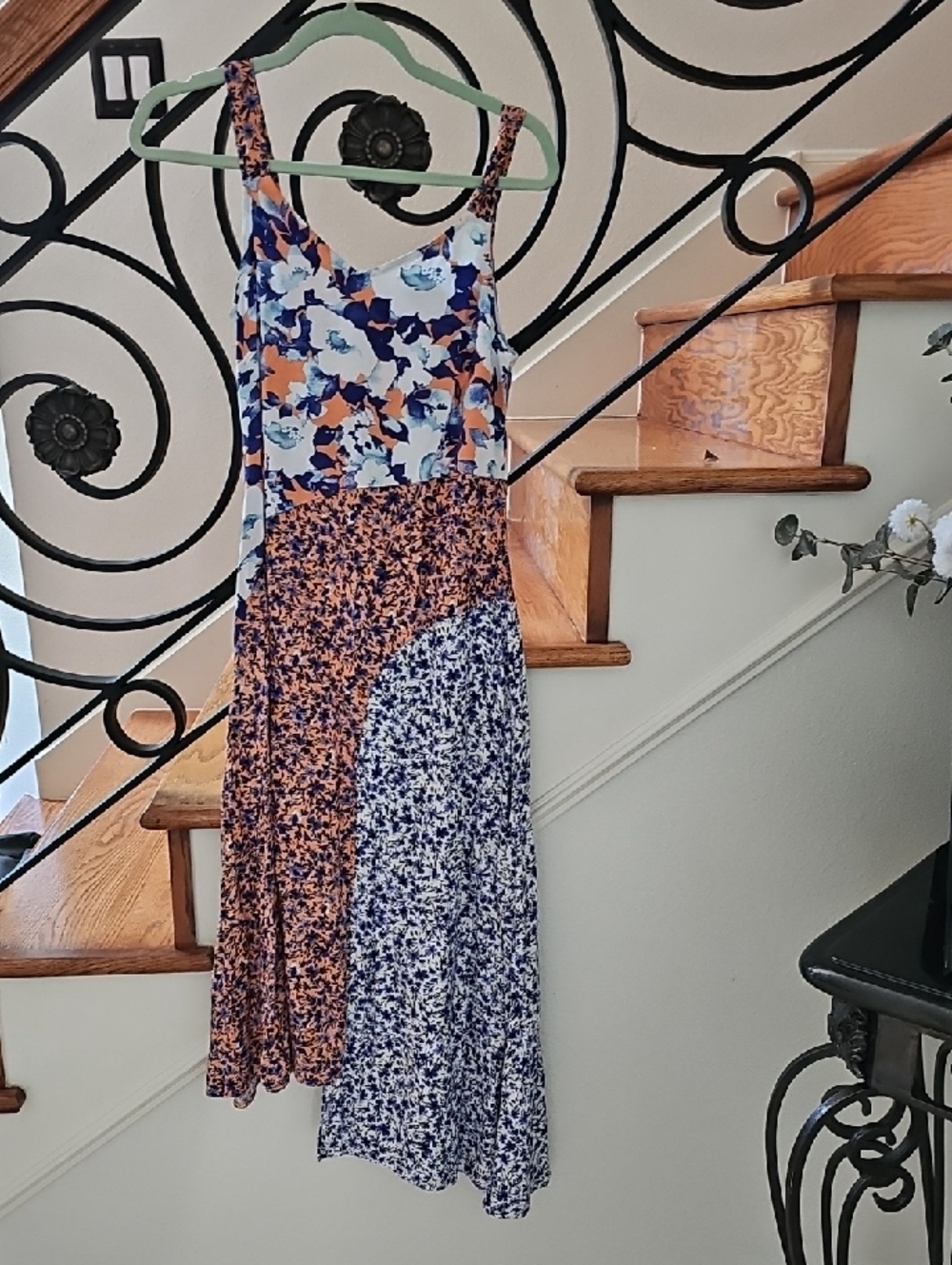Floral Patchwork Midi Dress - Blue, Orange, White